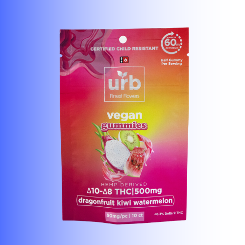 Vegan gummies packaging with 'urb dragonfruit kiwi flavor' branding on a gradient blue and pink background. For customers in the Kenosha and Racine area