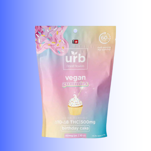 Vegan summits packaging with colorful gradient and 'urb birthday cake' branding on a blue background. For customers in the Kenosha and Racine area