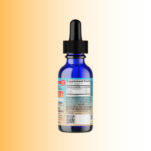 A blue glass dropper bottle with a black cap, shown from the back with its label facing away from the camera. The product is centered against a warm yellow-to-white gradient background.