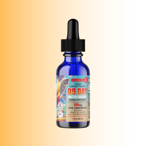 A 1 fl oz cobalt blue glass dropper bottle of D9 Day Water Soluble Instant Supplement, featuring a black dropper cap and a colorful label, set against a warm yellow-to-white gradient background.