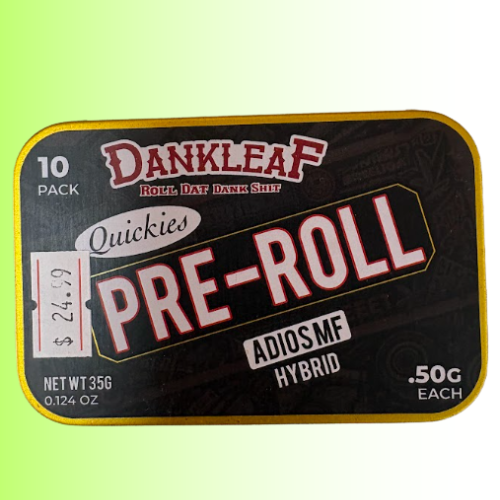 A 10-pack of Dankleaf Quickies Pre-Roll AdiosMF Hybrid rolling papers in a rectangular tin with rounded corners, set against a light green gradient background.