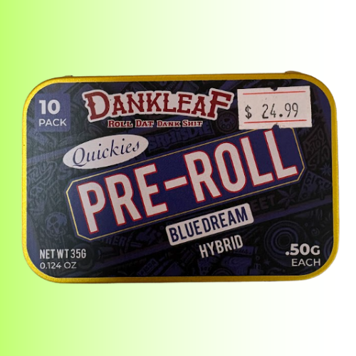 A 10-pack tin of Dankleaf Quickies Pre-Roll Blue Dream Hybrid rolling paper on a light green gradient background.