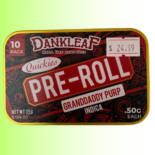 A 10-pack of Dankleaf Quickies Pre-Roll rolling paper in a rectangular tin with rounded corners, featuring a red and black patterned label with white text. A white price sticker showing $24.
