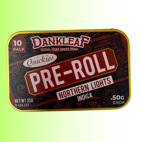 A 10-pack tin of Dankleaf Quickies Pre-Roll Northern Lights Indica rolling paper, shown against a light green gradient background.