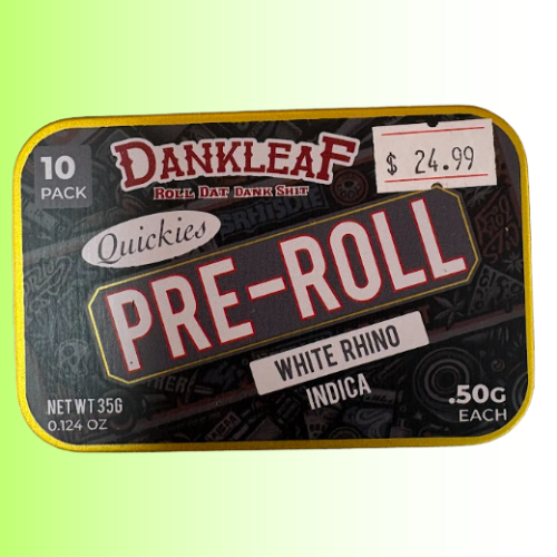 A 10-pack of Darkleaf Quickies Pre-Roll rolling papers in White Rhino Indica, shown in a rectangular tin with rounded corners on a light green gradient background.