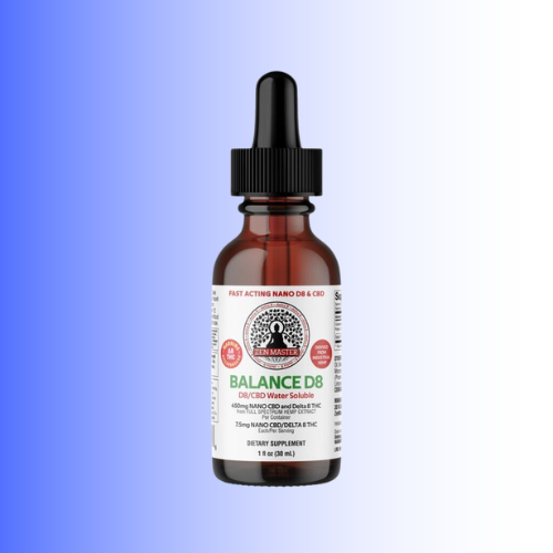 A 1 fl oz amber glass dropper bottle of Cannabistars Balance D8 CBD water solution, centered against a blue-to-white gradient background.