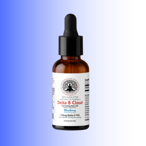 A 10 ml amber glass dropper bottle of Zen Master Delta 8 Cloud Blueberry tincture, featuring a white label with red and blue text, set against a blue-to-white gradient background.