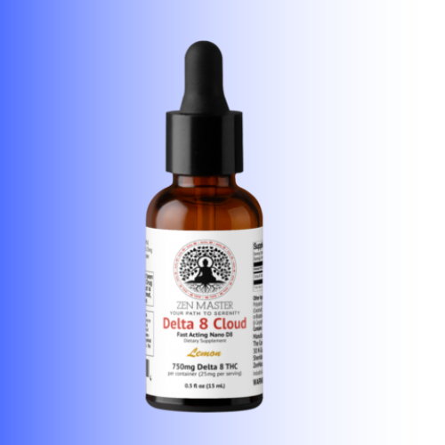 A 0.5 fl oz amber glass dropper bottle of Zen Master Delta 8 Cloud nano oil, featuring a white label with black and red text, set against a blue-to-white gradient background.
