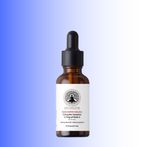 Zen Master Nootropo Soluble dietary supplement in an amber glass dropper bottle with a white label, set against a blue-to-white gradient background.