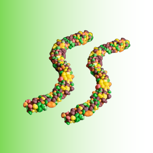 A 3D-rendered double-stranded DNA helix made of small multicolored candy-like spheres, shown on a green-to-white gradient background.