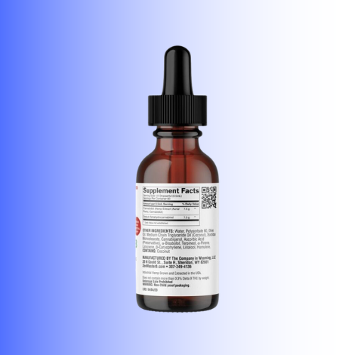 A Zen Master D8 Balance amber glass dropper bottle with a black cap and a white supplement facts label, shown against a blue-to-white gradient background.