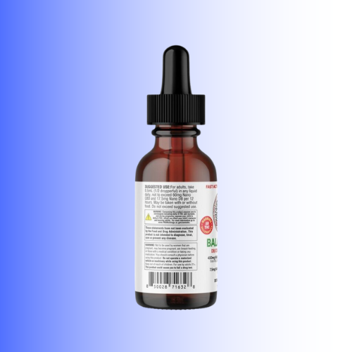 A Zen Master D8 Balance 20ml amber glass dropper bottle of Bala Antidote, shown from the back with its white label facing away from the camera, set against a blue-to-white gradient background.