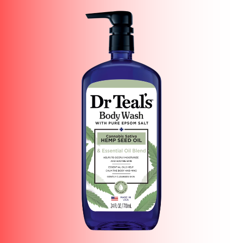 A bottle of Dr. Teal's Body Wash with a black pump dispenser and a white label featuring green hemp leaf graphics, set against a pink-to-white gradient background.