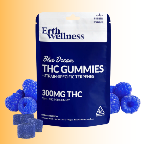 Erth Wellness Blue Dream THC Gummies packaging with blue gummies on a gradient background
