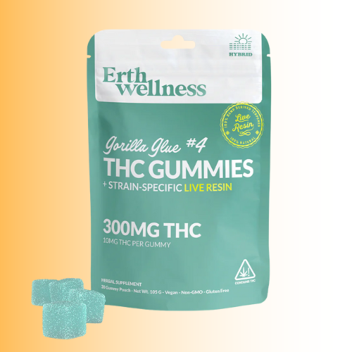 Erth Wellness THC Gummies packaging gorilla glue flavor with two gummies on a gradient background