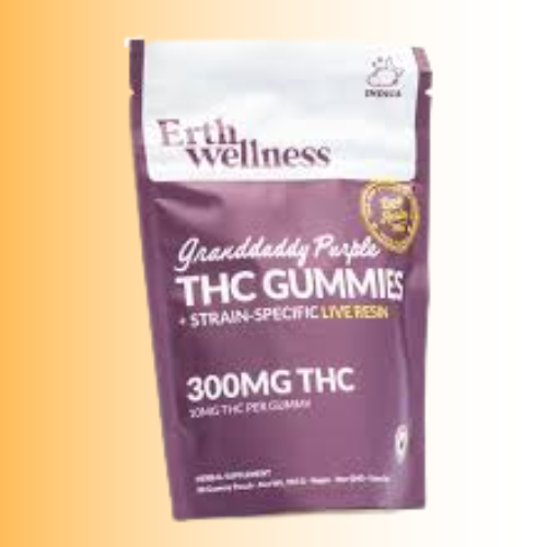 Package of Erth Wellness THC Grandaddy purple flavor Gummies on a gradient background
