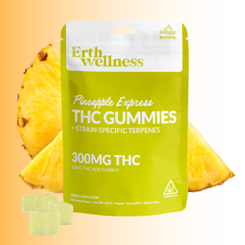 Erth Wellness Pineapple Express THC Gummies Pineapple Express packaging with a pineapple on an orange background
