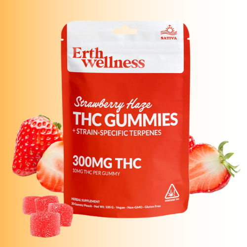 Red package of Erth Wellness Strawberry Haze THC Gummies with strawberries on a gradient background