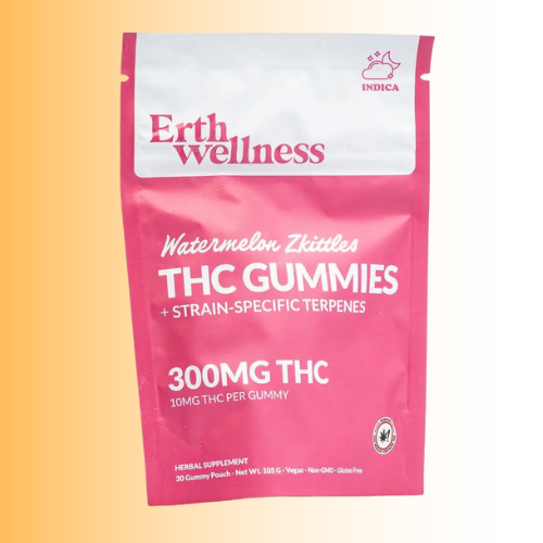 Pink package of Erth Wellness THC Watermelon Zkittles flavor Gummies on a gradient background