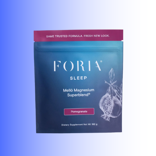 A single stand-up pouch of FORIA Sleep Melatonin Magnesium Superblend dietary supplement in Pomegranate flavor, shown against a blue-to-white gradient background.