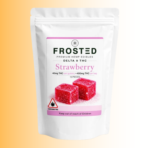 A white stand-up pouch of Frosted Premium Hemp Edibles Delta 9 THC Strawberry, featuring pink and green text and an illustration of two pink gummy candies on a yellow-to-white gradient background.