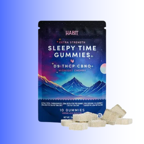 A stand-up pouch of HABIT Sleepy Time Gummies with a colorful mountain night-sky label, shown with several beige gummy candies in front on a blue-to-white gradient background.