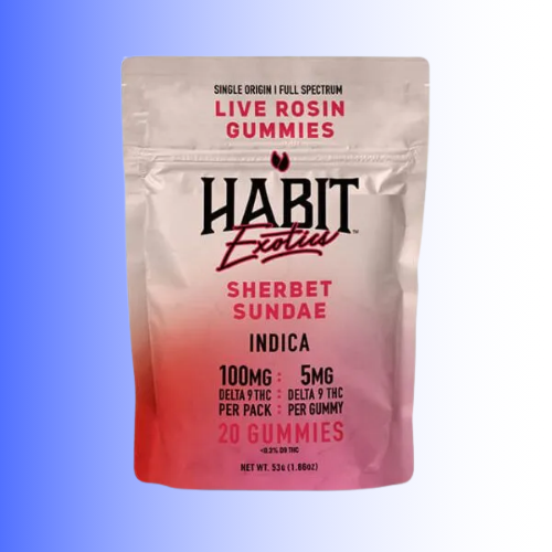 A stand-up pouch of Habit Extravagant Sherbet Sundae Indica live rosin gummies, featuring a pink-to-white gradient design with black and red text, set against a blue-to-white gradient background.
