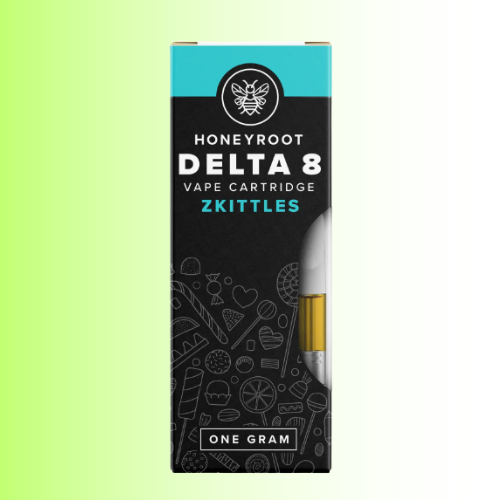 A boxed Honeyroot Delta 8 vape cartridge from Zkittles, shown upright against a pale green-to-white gradient background. The package is predominantly black with a bright cyan band at the top, white and cyan text, and small line-art illustrations of sweets.