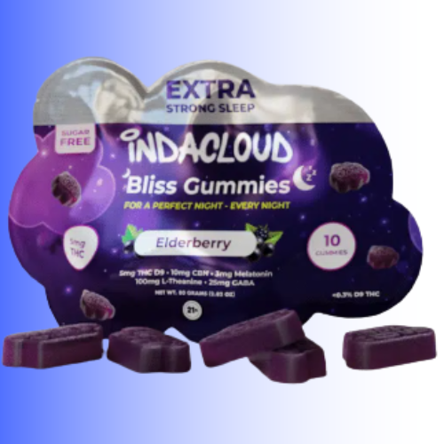 A pack of Indacloud Elderberry Bliss Gummies with several dark purple gummy candies displayed in front on a blue gradient background.