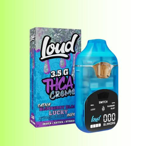 Blue vape device with 'Loud' branding and packaging on a green background. For customers in the Kenosha and Racine area