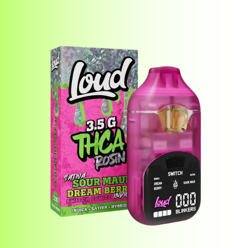Pink and black vape device with 'Loud' branding and packaging on a white background. For customers in the Kenosha and Racine area