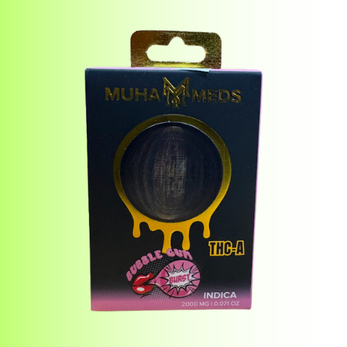 Muha Meds THC-A packaging, flavor Bubble Gum Burst, with a black sphere and colorful text on a gradient background. For customers in the Kenosha and Racine area