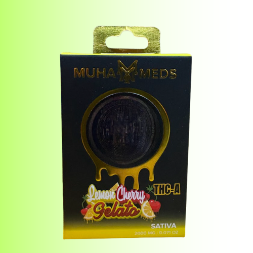 Muha Meds Lemon Cherry Gelato THC-A packaging on a black and green background. For customers in the Kenosha and Racine area