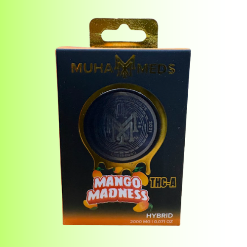 Muha Meds THC-A packaging, flavor Mango Madness, with a black sphere and colorful text on a gradient background. For customers in the Kenosha and Racine area