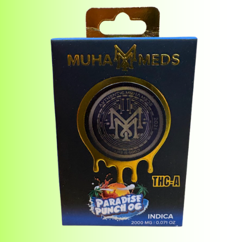 Muha Meds Paradise Punch OG packaging with blue and gold design on a green background. For customers in the Kenosha and Racine area