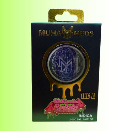 Muha Meds packaging, flavor Matermelon Gelato, on a black and green background. For customers in the Kenosha and Racine area