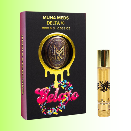 Muha Meds Delta 10 packaging with gold cartridge on a green background