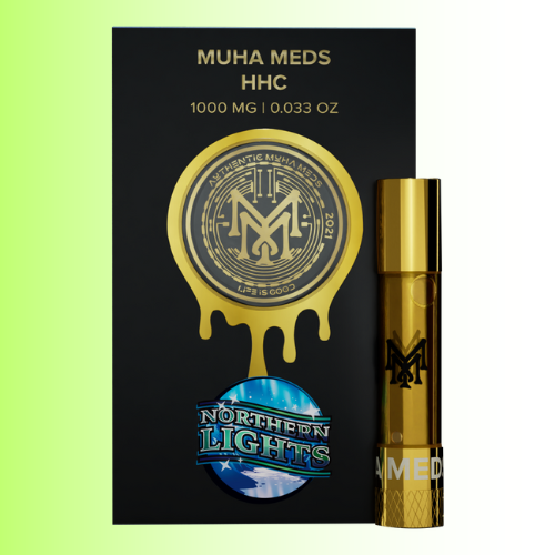 Gold and blackMuha Meds HHC product with Northern Lights branding on a green background
