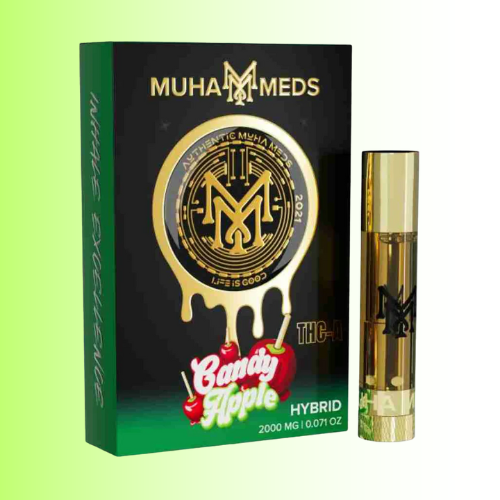 Muha Meds Candy Apple Hybrid vape pen packaging with gold and black design.
