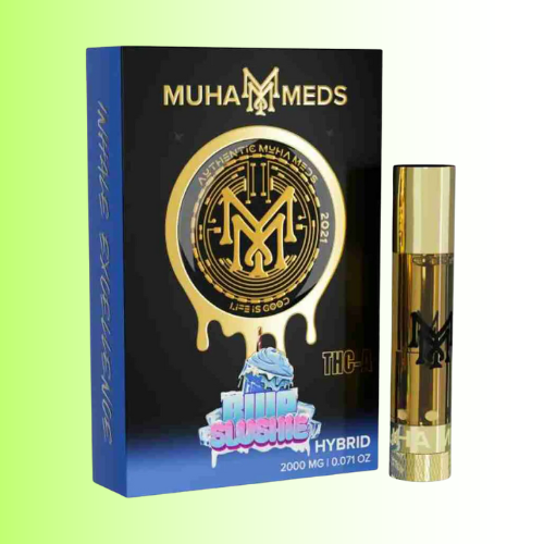 Muha Meds cannabis product packaging with a gold cartridge on a light green background