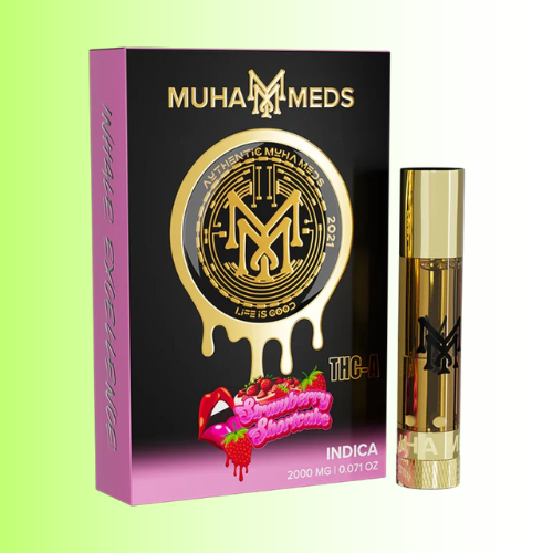 Muha Meds cannabis product packaging with a gold and black design on a green background