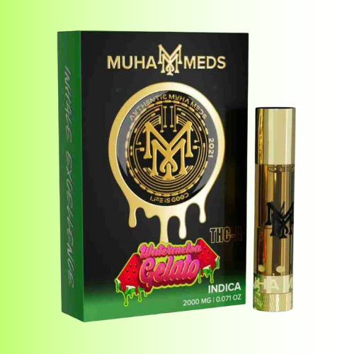Muha Meds cannabis product packaging with a gold cartridge on a light green background