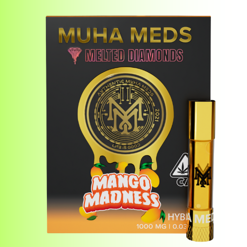 Mushroom product packaging with 'Muha Meds' branding on a green background
