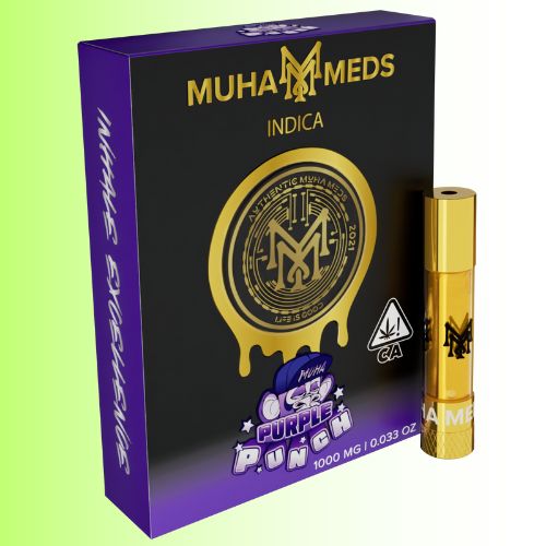 Muha Meds indica cannabis product packaging with a gold cartridge on a green background