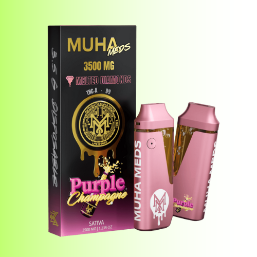 Pink vape device and packaging with 'Muha Meds Purple Champange' branding on a gradient background. For customers in the Kenosha and Racine area