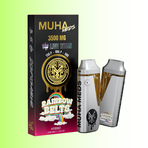 Vape device and packaging with 'Muha Meds Rainbow Belts' branding on a green background. For customers in the Kenosha and Racine area