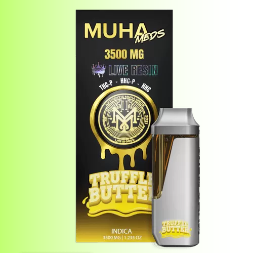 Truffle Butter vape pen with packaging featuring 'Muha Meds Truffle Butter' branding on a green background. For customers in the Kenosha and Racine area