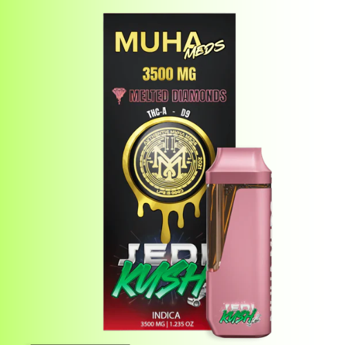 Pink vape device with 'Muha Meds Jedi Kush' packaging on a green background. For customers in the Kenosha and Racine area. For customers in the Kenosha and Racine area