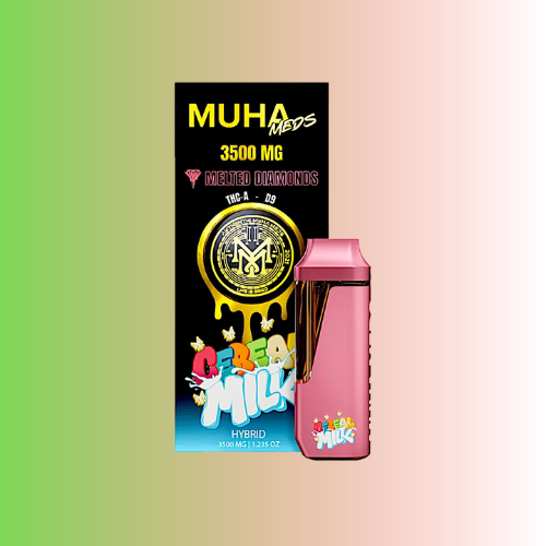 Pink vape device with colorful packaging featuring 'MUHA Cereal Milk' branding on a gradient background. For customers in the Kenosha and Racine area