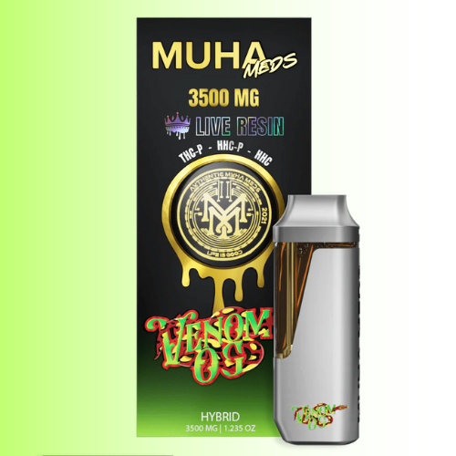 Vape device and packaging with 'Muha Meds Venom OG' branding on a green. For customers in the Kenosha and Racine area